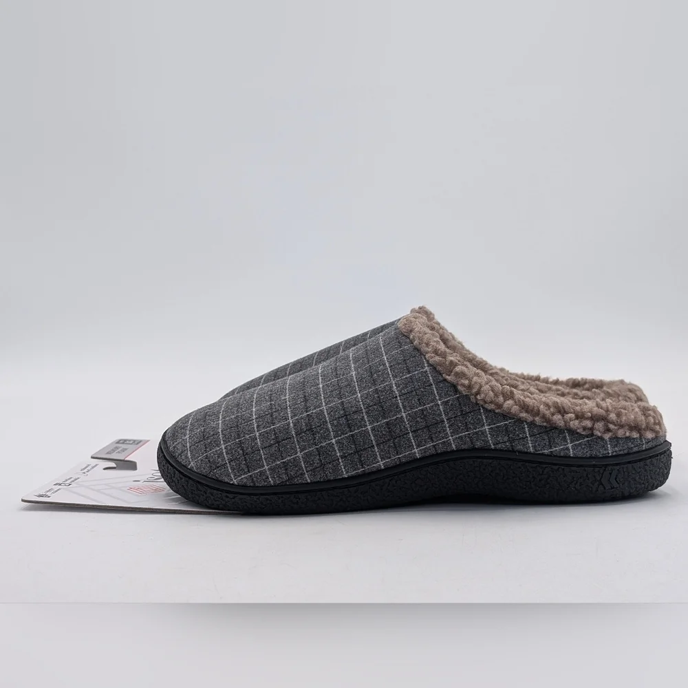 NWT Isotoner Men Sz US 9.5-10.5 Grey Checkered Memory Foam Slippers Plush Lining